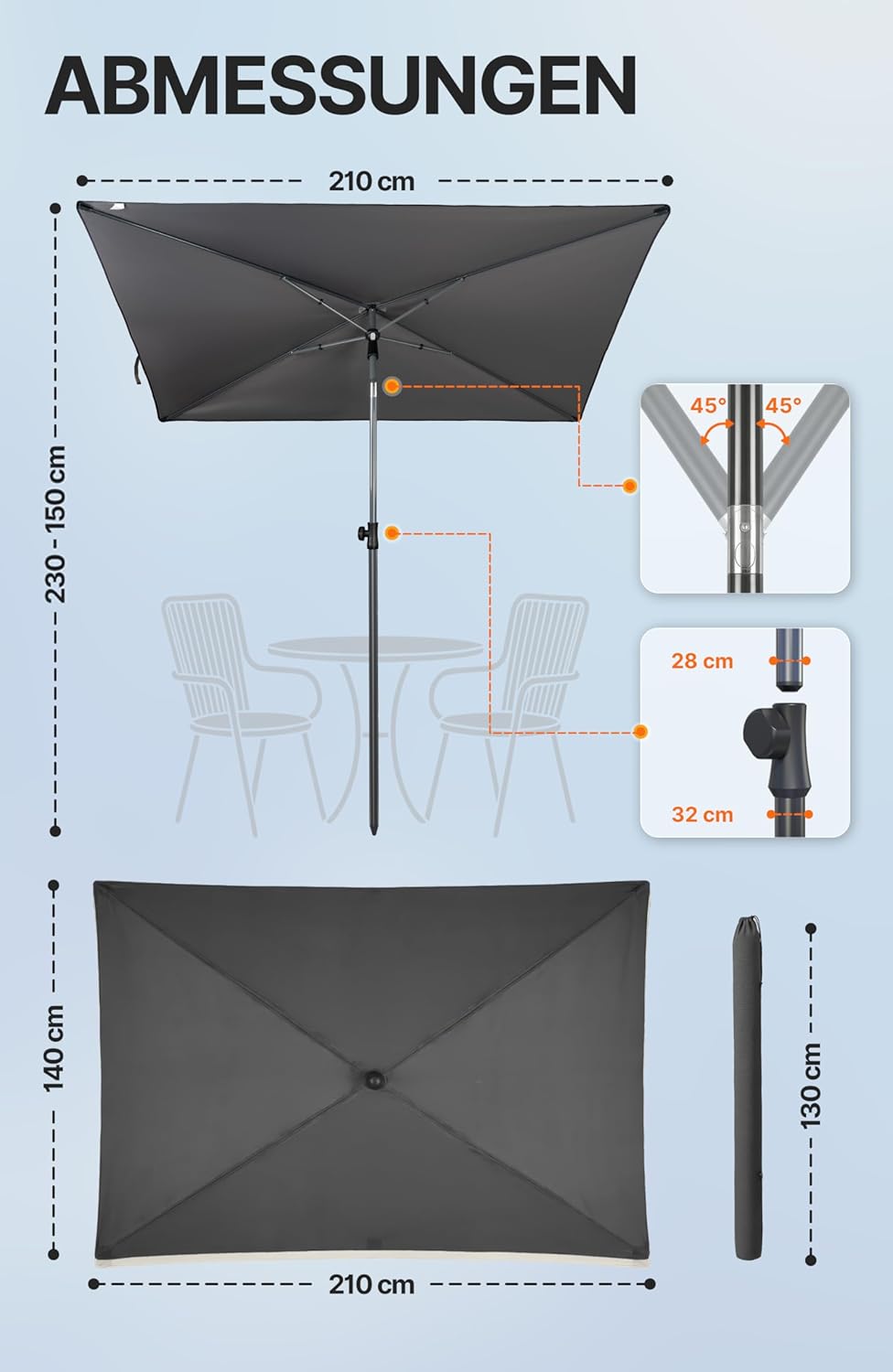 4smile SunnyShade Balkonschirm Rechteckig 210x140 cm, Sonnenschirm Balkon mit UPF 50+, Sonnenschutz