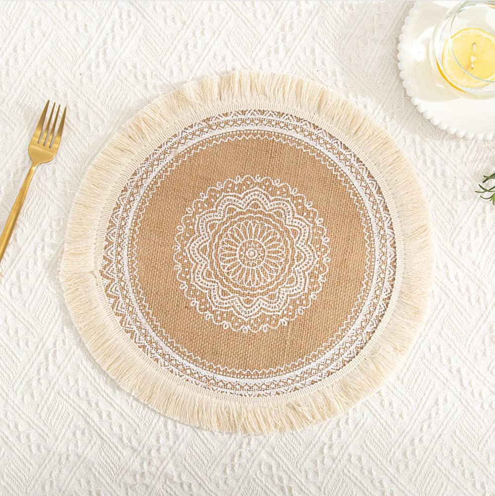 Rund Gewebte Platzset,Boho Tischsets,Jute Tischsets mit Mandala Quaste,Böhmen Farmhouse Retro Restau