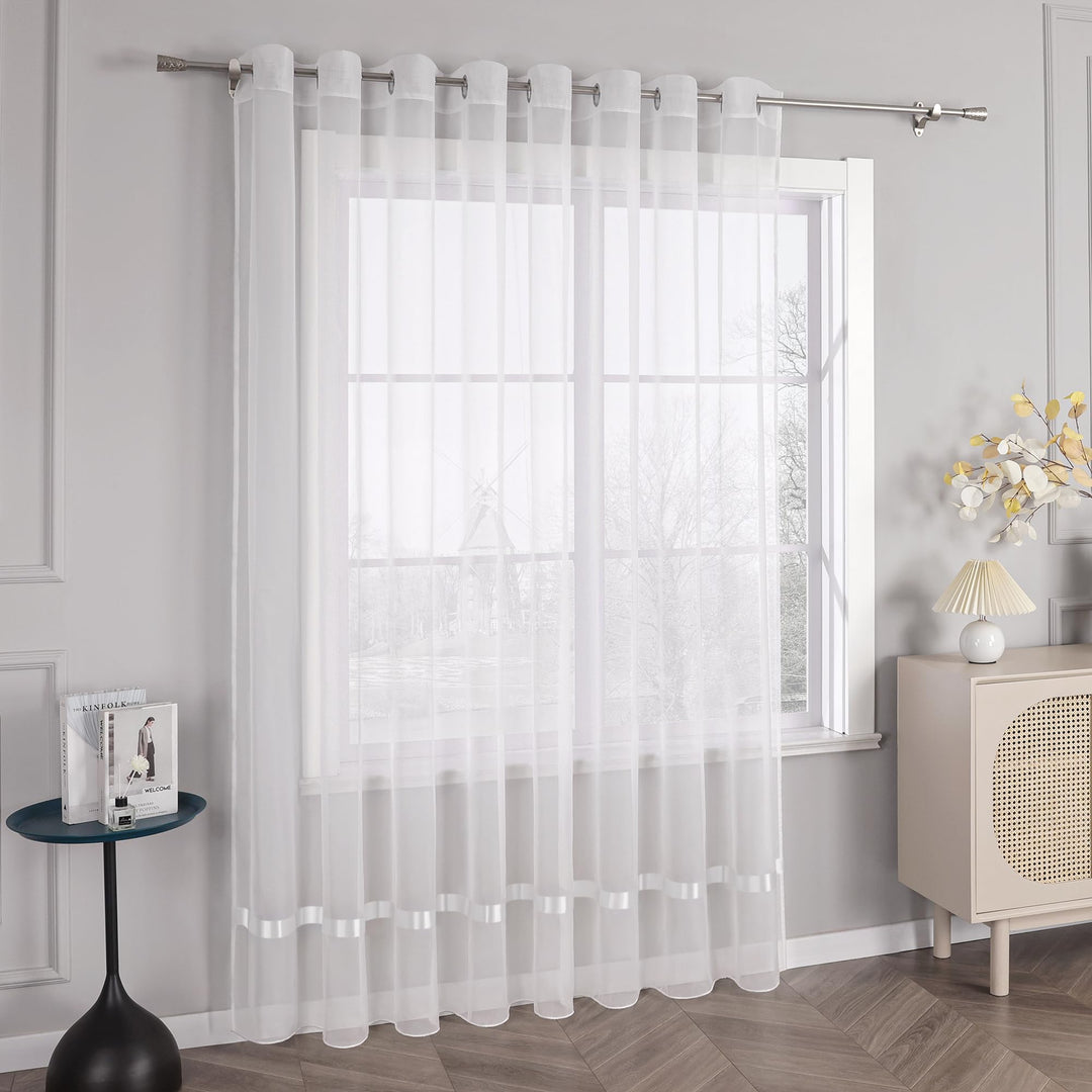 HongYa Stores Voile Gardine Schal Transparenter Vorhang mit Satinband Ösen H/B 145/450 cm Weiss H/B: