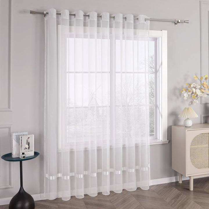 HongYa Stores Voile Gardine Schal Transparenter Vorhang mit Satinband Ösen H/B 225/450 cm Weiss H/B: