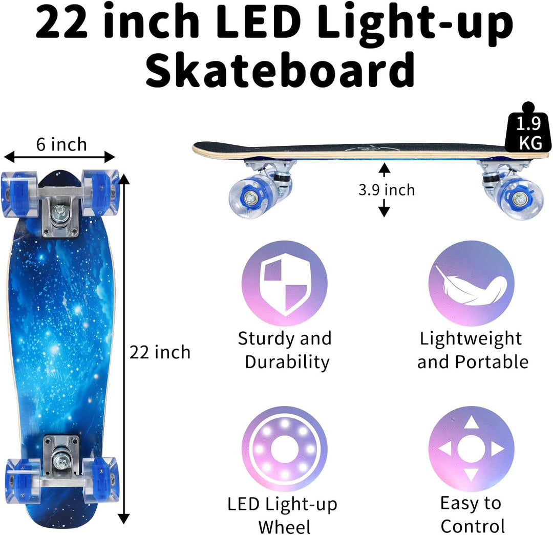 BELEEV Skateboard Komplette 22 Zoll Mini Cruiser Skateboard für Kinder Jugendliche Erwachsene, LED L