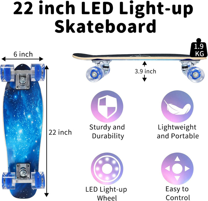 BELEEV Skateboard Komplette 22 Zoll Mini Cruiser Skateboard für Kinder Jugendliche Erwachsene, LED L