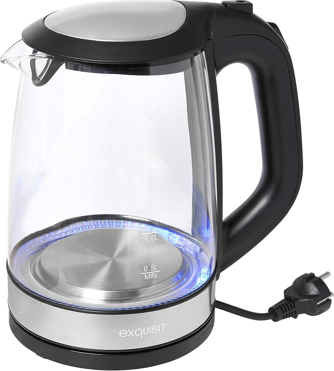 Exquisit Glas Wasserkocher WK 3501 swg | Elektrischer Wasserkocher 2 Liter | 2200 Watt | Innenbeleuc