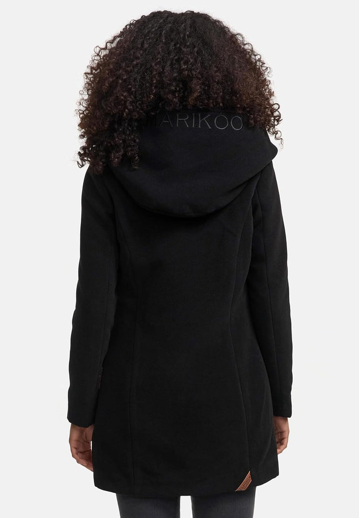 MARIKOO Damen Mantel in Wolloptik Warmer Trenchcoat mit Kapuze Maikoo XS-5XL S Schwarz, S Schwarz
