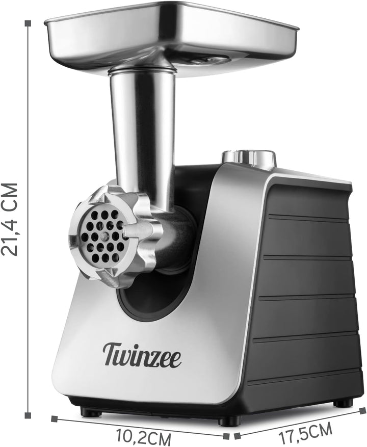 Twinzee - Elektrischer Fleischwolf mit Wurstfüller, Schwarz - Für Fleisch und Wurst - Küchenmaschine