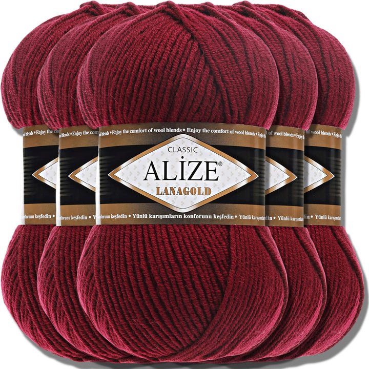 Alize 5 x 100g Lanagold Classic Türkische Premium Wolle Baumwolle und Acryl Uni Handstrickgarne | Ya