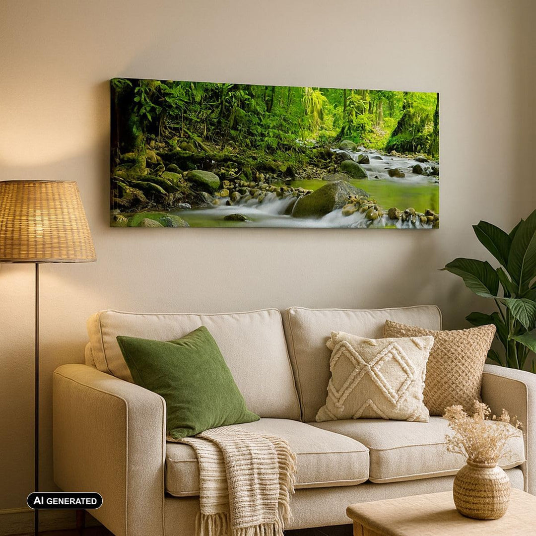 Wandbilder Dekoration Wohnzimmer Stream Wald Natur Panorama Bilder auf Leinwand 120x50cm Leinwandbil
