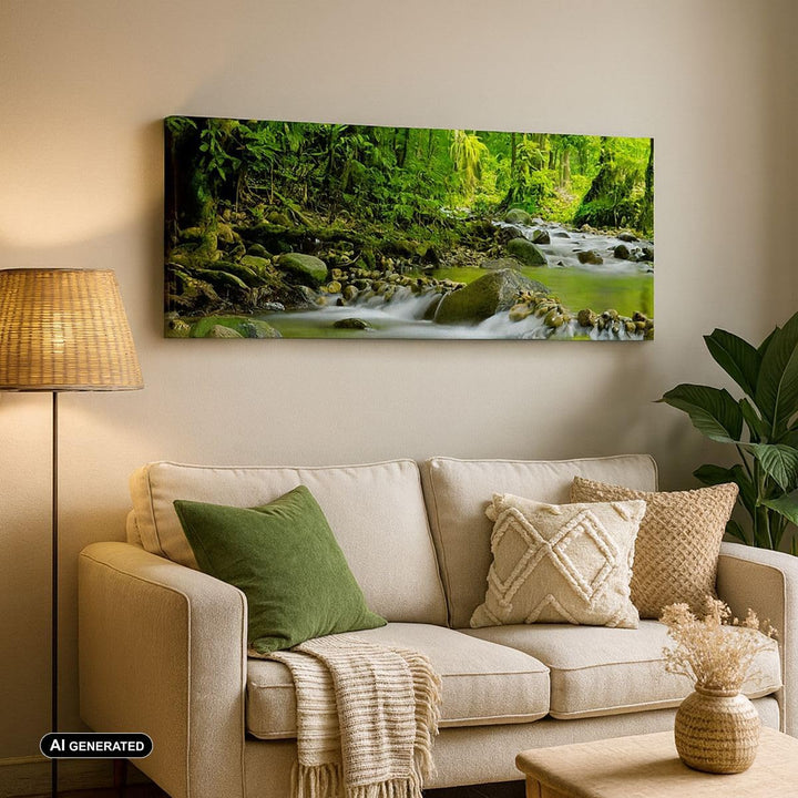 Wandbilder Dekoration Wohnzimmer Stream Wald Natur Panorama Bilder auf Leinwand 120x50cm Leinwandbil