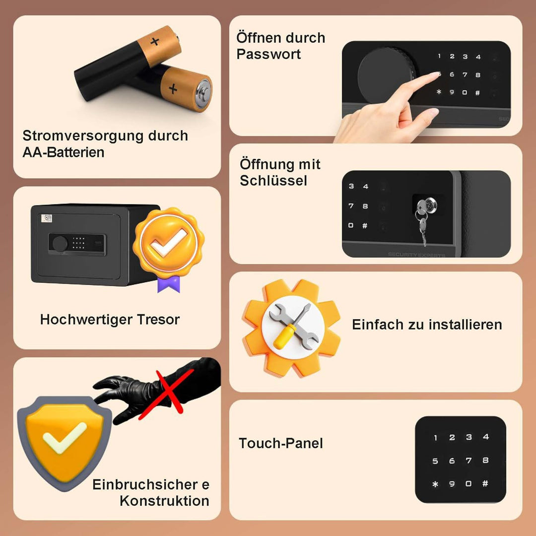 EXTRALINK Tresor für Zuhause – Elektronischer Safe mit Touchscreen, Doppelalarm, Feuerfest, Wandmont