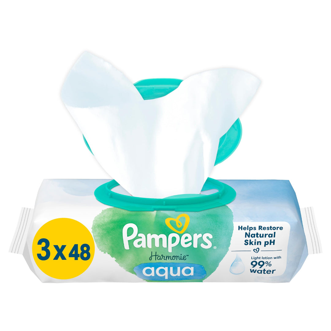Pampers Baby Feuchttücher Harmonie, Aqua, 144 Tücher (3 x 48), sanfter Hautschutz für zarte Haut mit