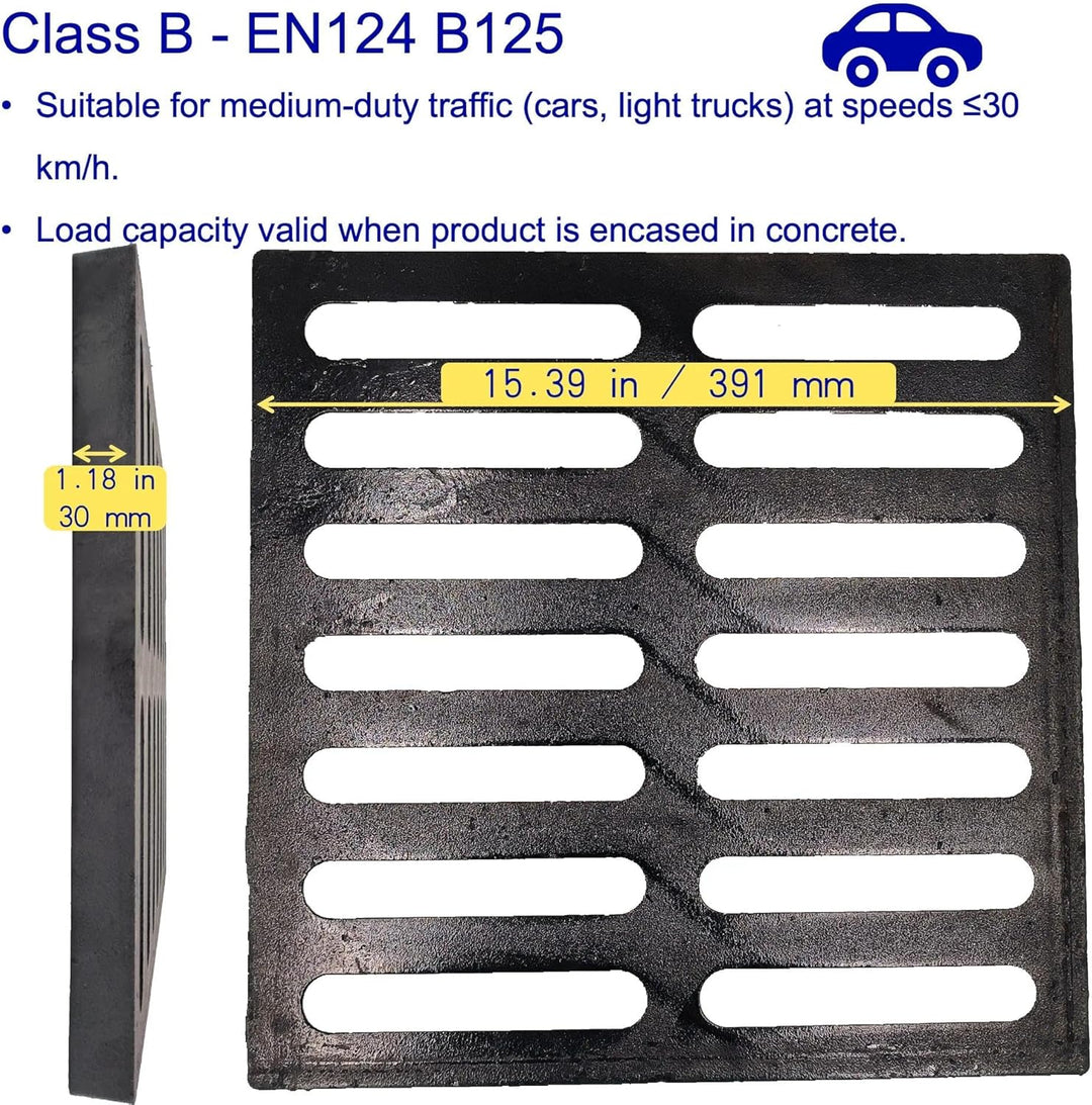 Gusseisen Gullyrost 391x391 mm, Belastungsklasse B125, Schwerlast Ablaufrost für Einfahrt und Hof, Q