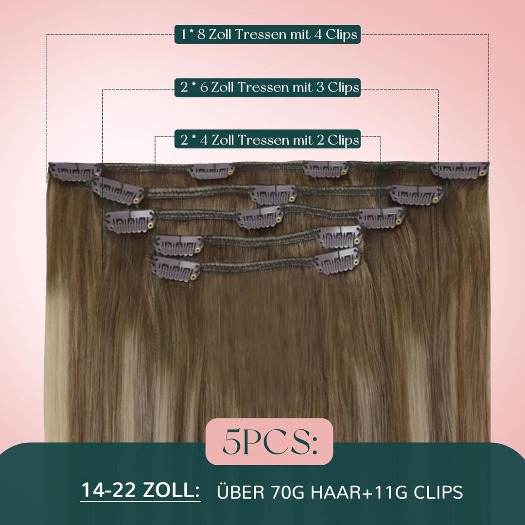 Easyouth Clip Extensions Echthaar Balayage Blond Echthaar Clip in Extensions Remy Haar Mittelbraun O