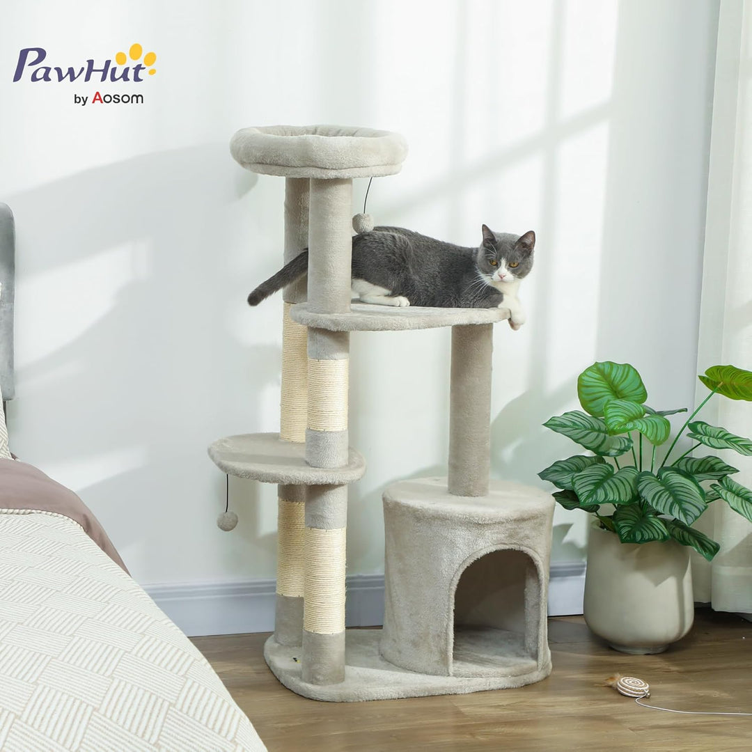 PawHut Kratzbaum 114 cm mit Höhle Spielball für Katzen unter 6 kg Hellgrau | Katzenturm, Sisalstämme
