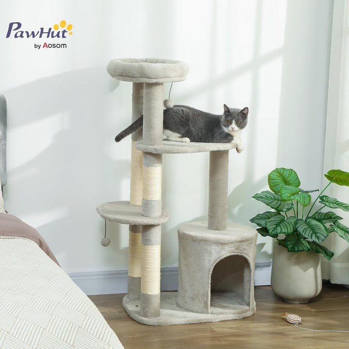 PawHut Kratzbaum 114 cm mit Höhle Spielball für Katzen unter 6 kg Hellgrau | Katzenturm, Sisalstämme