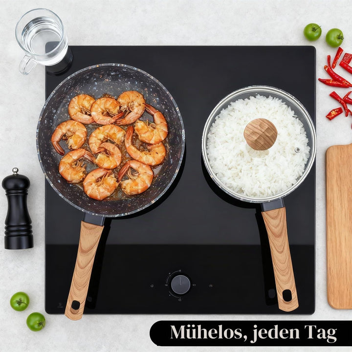 Topf &amp; Pfanne Set grosse Bratpfanne - keramikbeschichteter Aluminiumholzgriff, alle Herdplatten (3,
