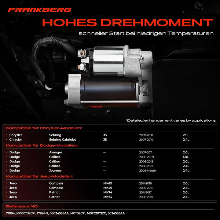 Frankberg Anlasser Starter 1,2 KW Kompatibel mit Sebring 2007-2010 Avenger 2007-2014 Caliber 2006-20