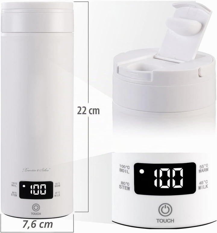 Rosenstein & Söhne Edelstahl Wasserkocher: Reise-Wasserkocher & Isolierkanne, 300 W, 500 ml, 4 Tempe