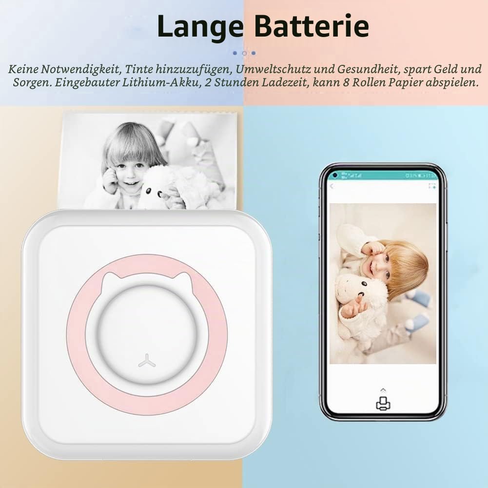 WANGCL Mini-Drucker, tragbarer Taschendrucker, tintenloser Fotodrucker mit 13 Rollen, Druckerpapier