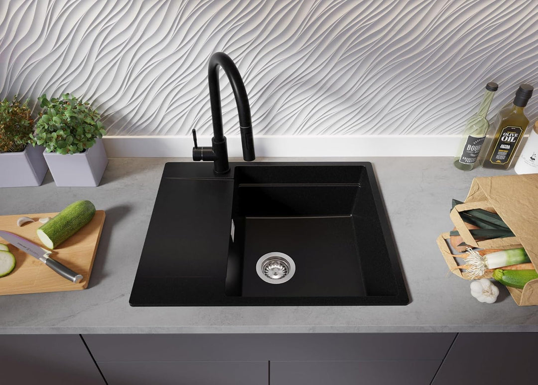PRIMAGRAN Spülbecken Schwarz 62x50cm, Granitspüle 1 Becken + Ablauf-Set, Küchenspüle ab 50er Untersc