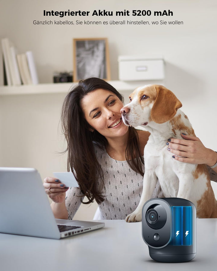 COCOCAM 2K Überwachungskamera Innen WLAN mit 5200mAh Akku, kabelloser 355°P 90°T, Baby Monitor Haust