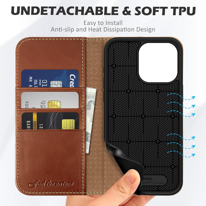 SHIELDON Hülle für iPhone 15 Pro Max, Handyhülle [Echtleder] [Kartenfach] [Magnet] [Stand] [RFID Blo