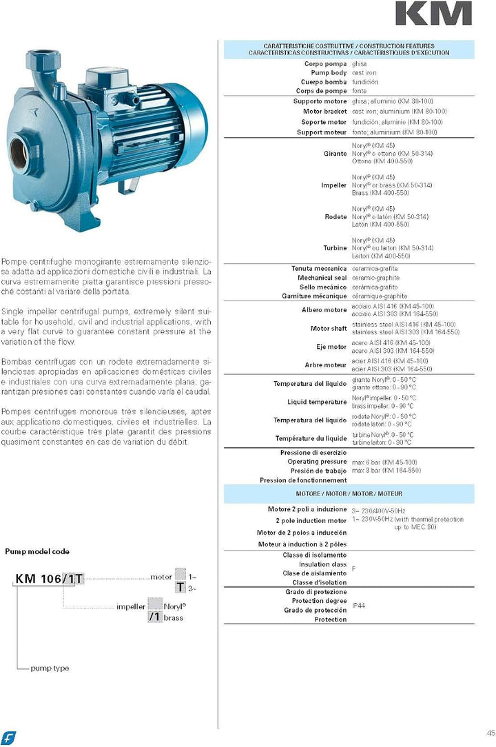 FORAS KM Serie Einzelrad-Kreiselpumpe, Gehäuse aus Gusseisen, extrem leise, für Haushalts-, Zivil- u
