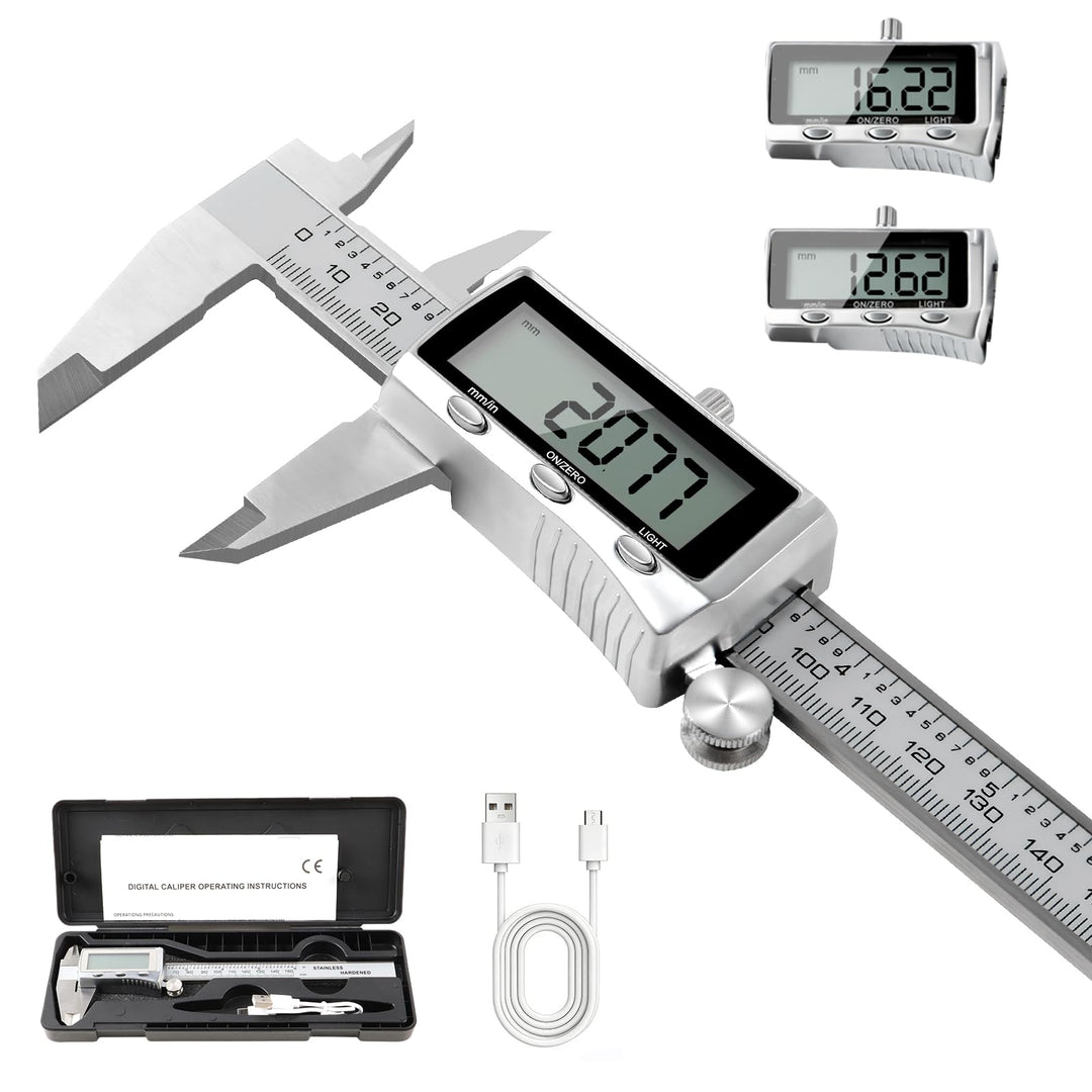 Digitaler Messschieber 150mm Edelstahl, USB-C Wiederaufladbar, IP54 Schutz, ±0,02 mm Präzision, Schi