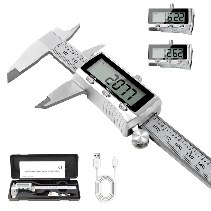 Digitaler Messschieber 150mm Edelstahl, USB-C Wiederaufladbar, IP54 Schutz, ±0,02 mm Präzision, Schi
