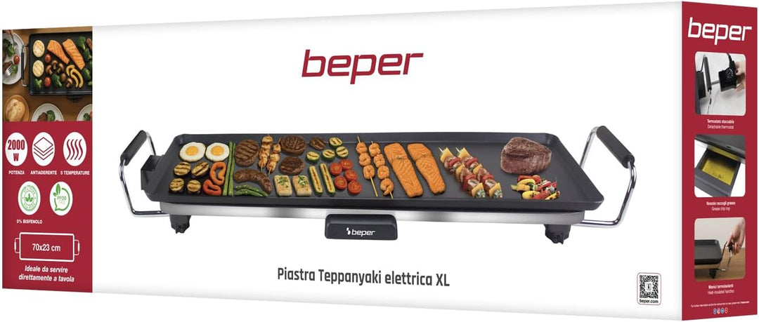 BEPER P101BBQ070 XL Elektrischer Teppanyaki-Grill 70 x 23 cm, Antihaftbeschichtung mit einstellbarem