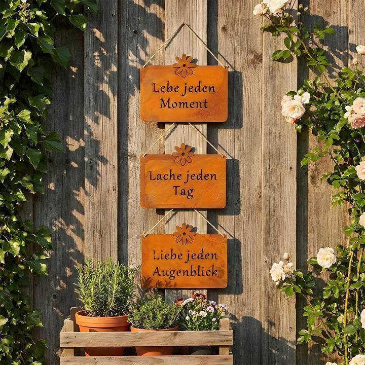 3er Set Wandbilder Sprüche 25x19cm Schilder Garten-Deko Türschild Edelrost Braun Rostdeko Lebe Liebe
