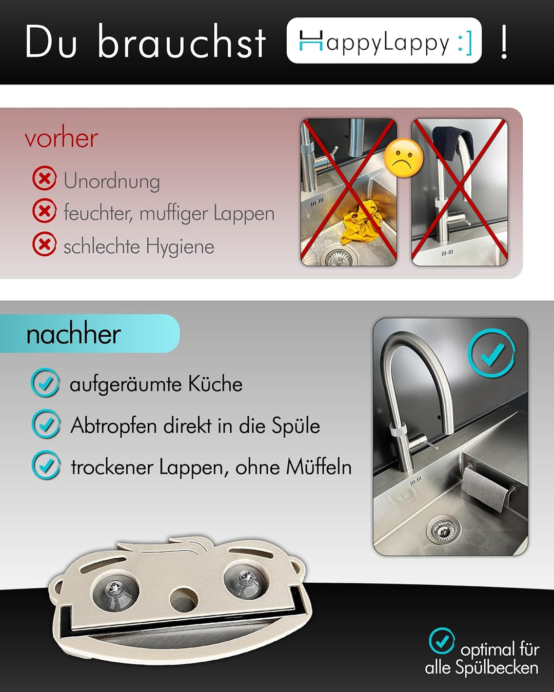 snagger HappyLappy Spültuchhalter inkl. Premium Schwammtuch | Lappenhalter für Spülbecken ohne Bohre