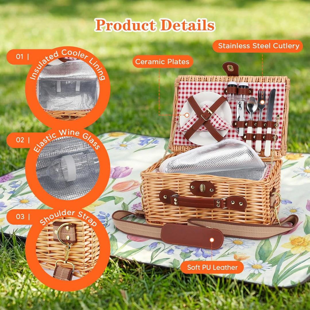 Wicker Picknickkorb für 2 Personen – Picknickkorb-Set mit Isolierfach,komplettem Geschirr & Besteck,