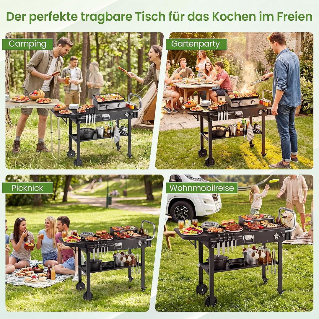 COSTWAY Grillwagen Outdoor, Grilltisch klappbar, Pizzatisch mit Seitentisch