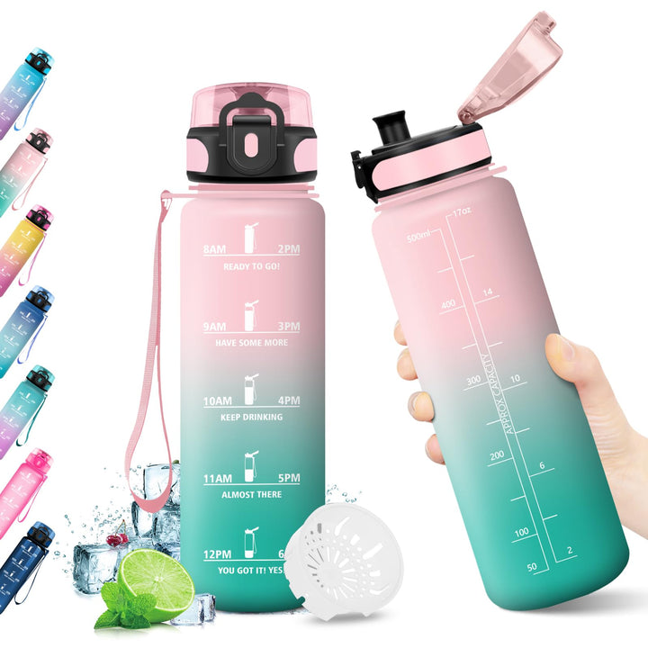 KollyKolla Trinkflasche Kohlensäure Geeignet, 500ml/1L/1.5L, Sport Trinkflasche mit Zeitmarkierung,