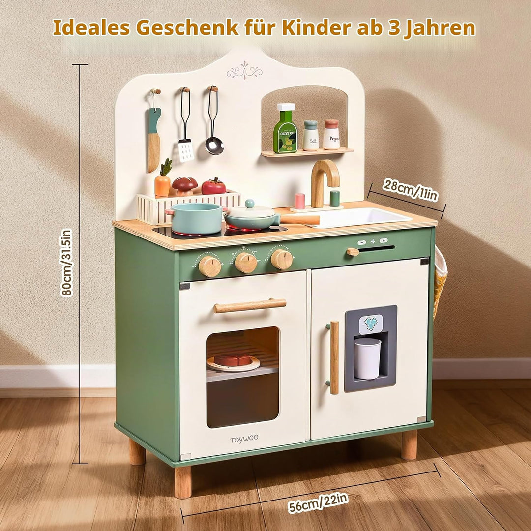 TOYWOO Kinderküche Holz mit Licht &amp; Sound, Spielküche für Kinder ab 3 Jahren mit Schneidelebensmitte