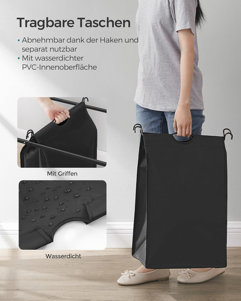 SONGMICS Wäschekorb mit 3 Fächern, Wäschesortierer, Wäschesammler, mit Rädern, abnehmbare Taschen, S