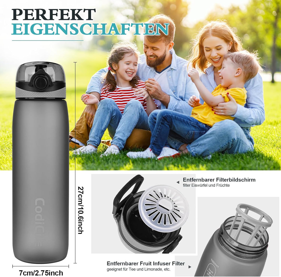 CodiCile Trinkflasche 1L, Wasserflasche 1L BPA-Frei, Auslaufsichere 1 Liter Trinkflasche, Tritan Spo