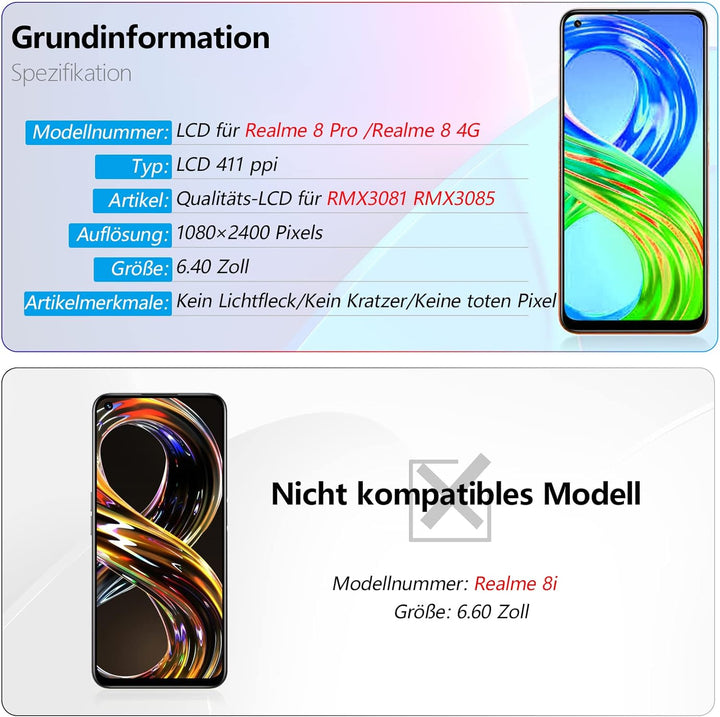 RongZy Ersatz Display Kompatibel für Realme 8 Pro RMX3081/Realme 8 （4G） RMX3085 Touchscreen Bildschi