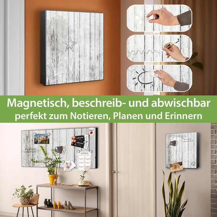 banjado® Grosser Schlüsselkasten Glas/Schlüsselbox 30cm x 30cm mit 50 Haken - Motiv Weisser Holzzaun