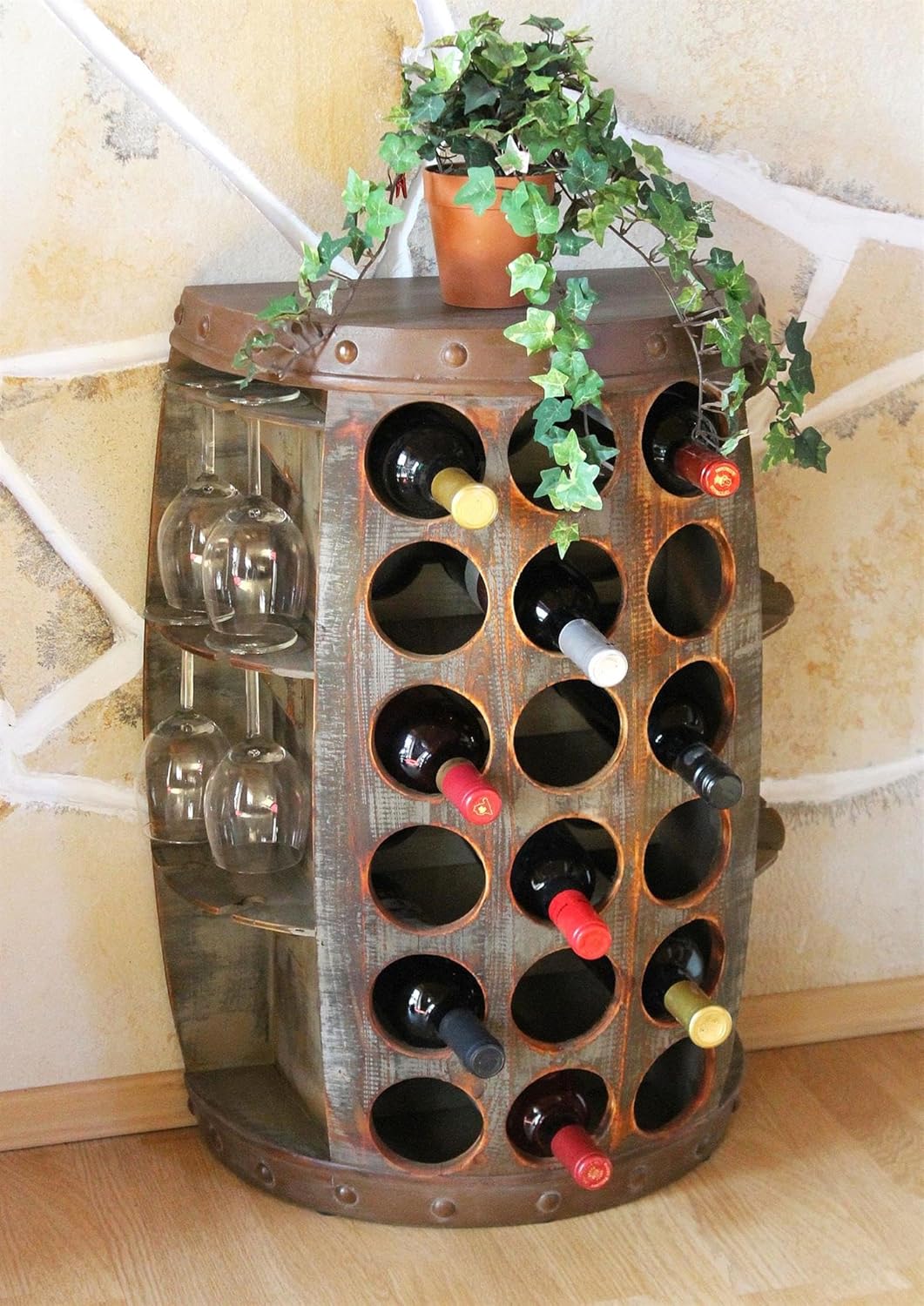DanDiBo Weinregal Holz Stehend Rustikal Weinfass Flaschenregal 1486 Beistelltisch Schrank Fass Weinb