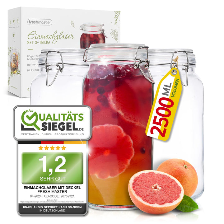 freshmaster Einmachgläser mit Deckel - Set aus bruchsicherem Glas mit Spezialdichtung und Edelstahl