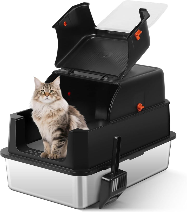Katzenklo Edelstahl XXL mit Deckel, grosses geschlossenes Katzentoilette mit hoher Rand und Streusch