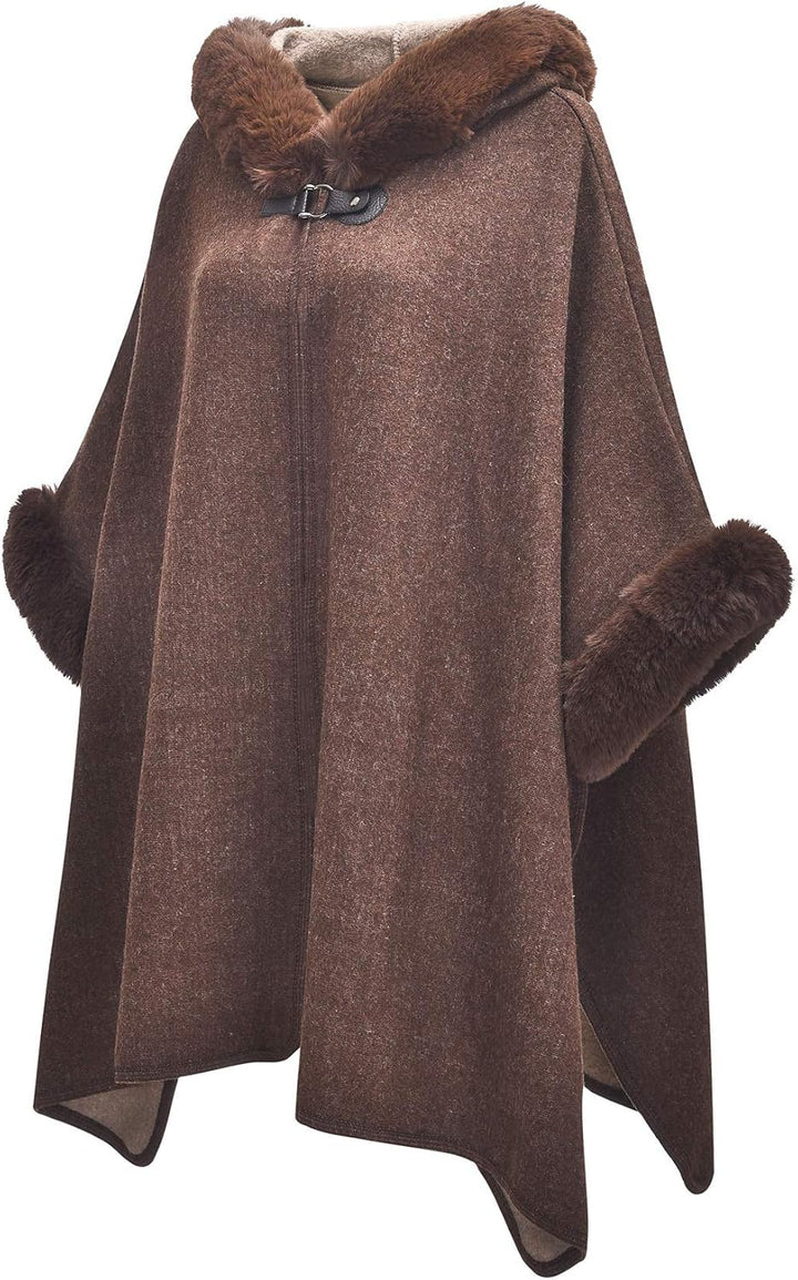 ZLYC Damen Winter Umhang Strickjacke Warm Kunstpelz Mäntel Poncho Cape mit Kapuze Einheitsgrösse Bra