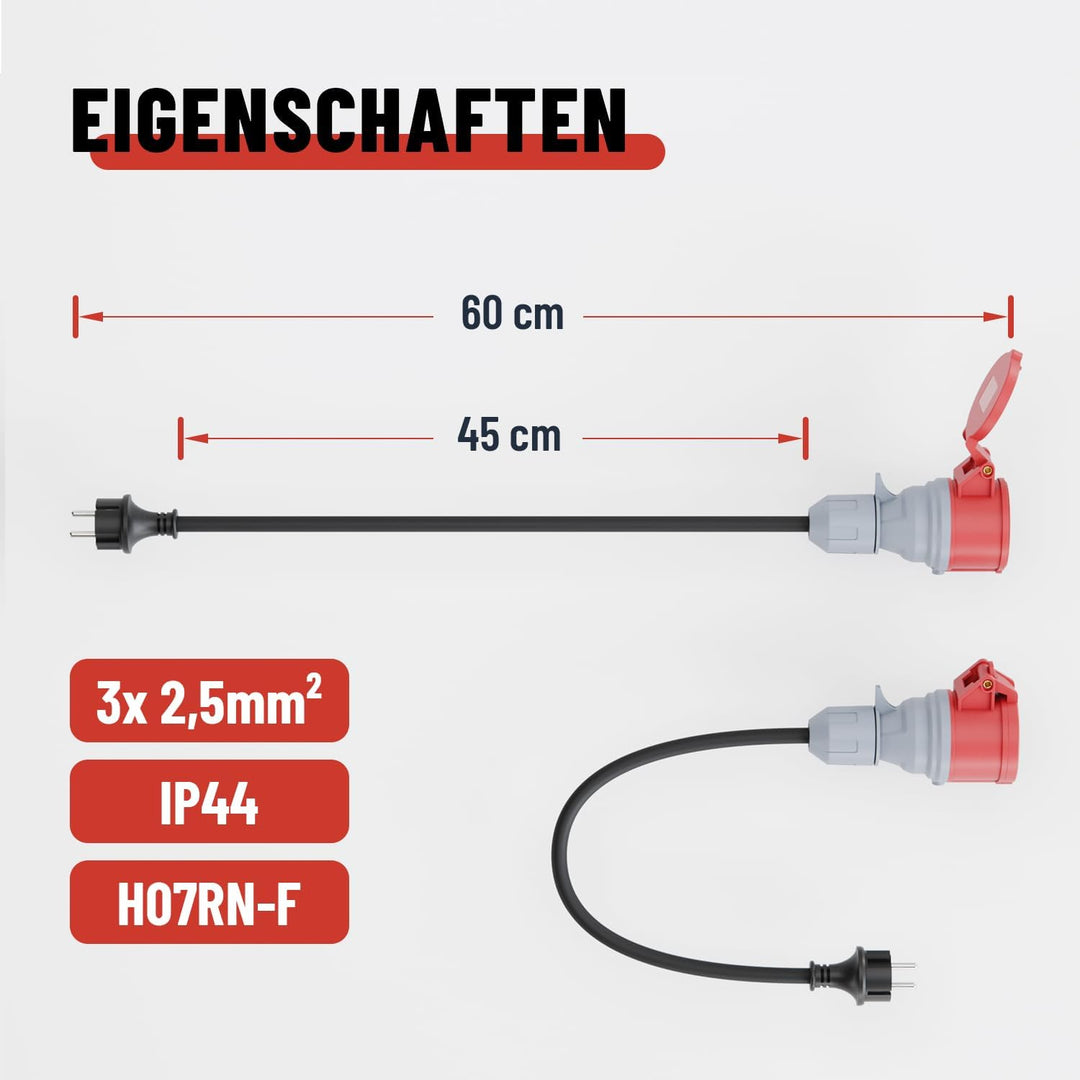 ABSINA Adapter Schuko Stecker auf CEE Kupplung - Schuko auf CEE 16A 5-polig mit 60 cm Kabellänge & I
