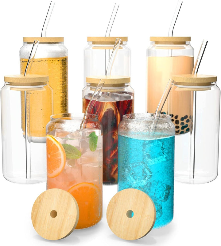 FINEW [8er Set] Trinkbecher Mit Deckel und Strohhalm Glas, 8er Cocktailgläser Set, 16oz/450ml Eiskaf