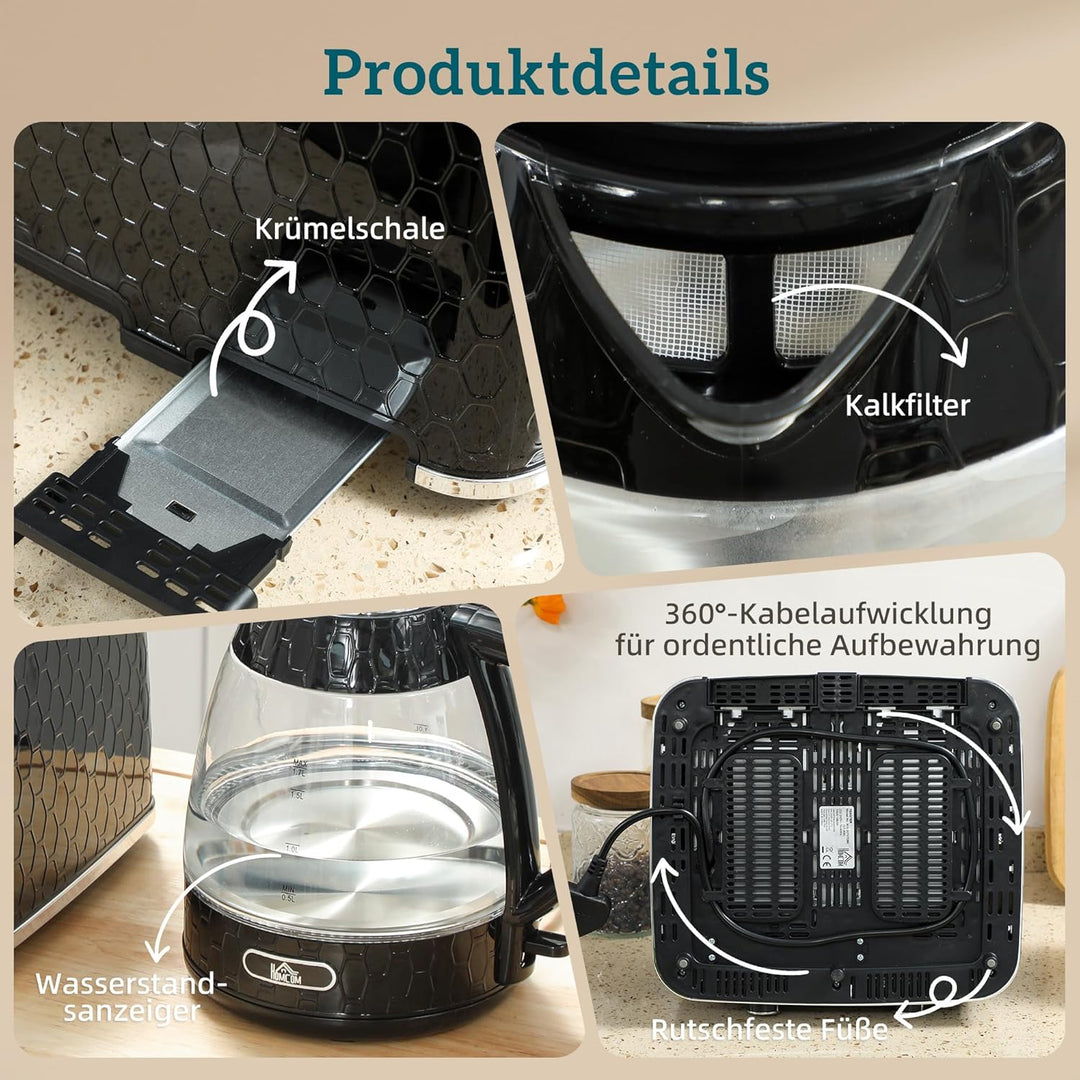 HOMCOM Wasserkocher Toaster Set, 1,7L 2200W Schnellkoch-Wasserkocher mit Kalkfilter, 4-Scheiben-Toas