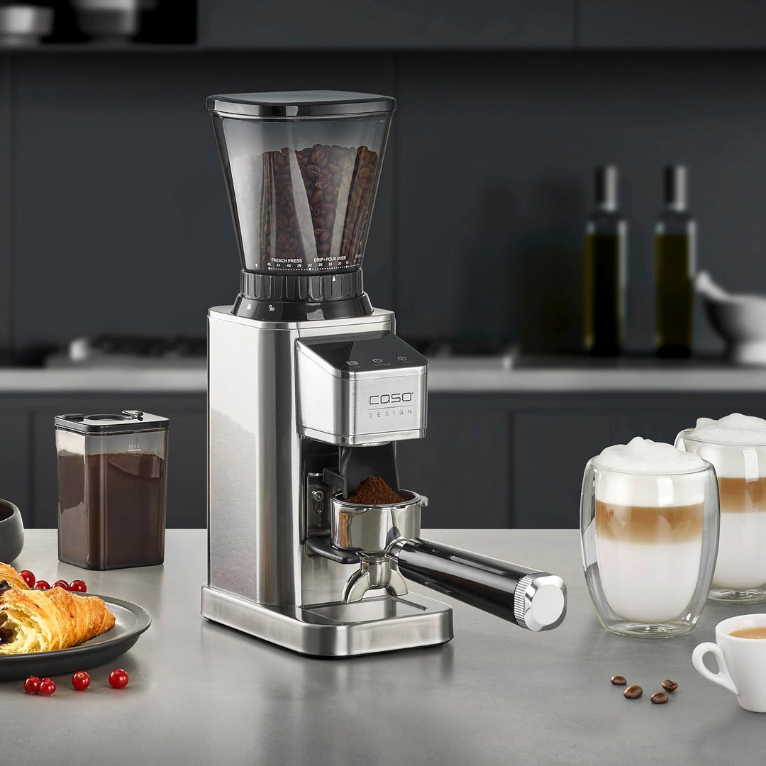CASO BaristaChef Inox - elektrische Kaffeemühle, langlebiges Edelstahl-Kegelmahlwerk, mit Siebträger