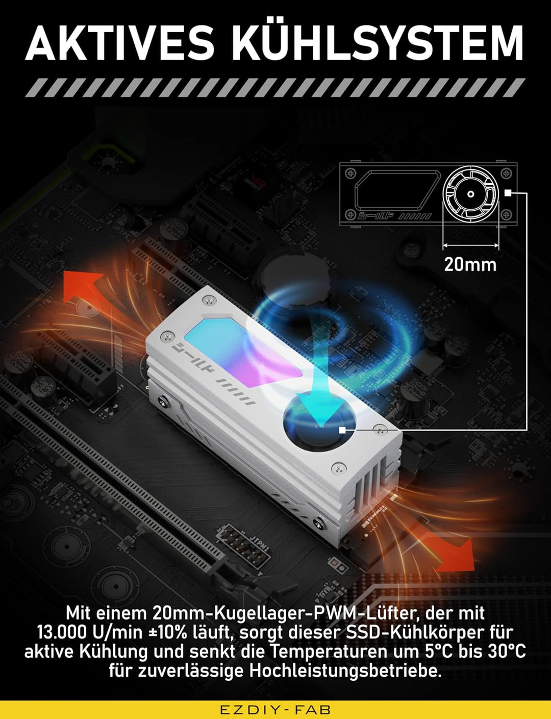 EZDIY-FAB Shield ARGB M.2 SSD-Kühler mit 20mm PWM-Lüfter, Premium-Aluminium-Design, 5V 3-Pin ARGB Sy