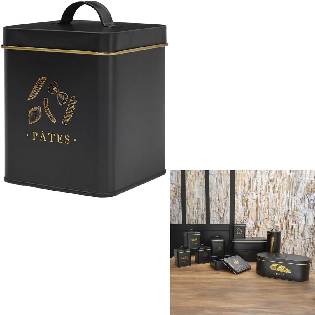 COOK CONCEPT, BT6821, Elegant Metal Box for Pasta, Black and Gold Design, airtight for optimal Prese