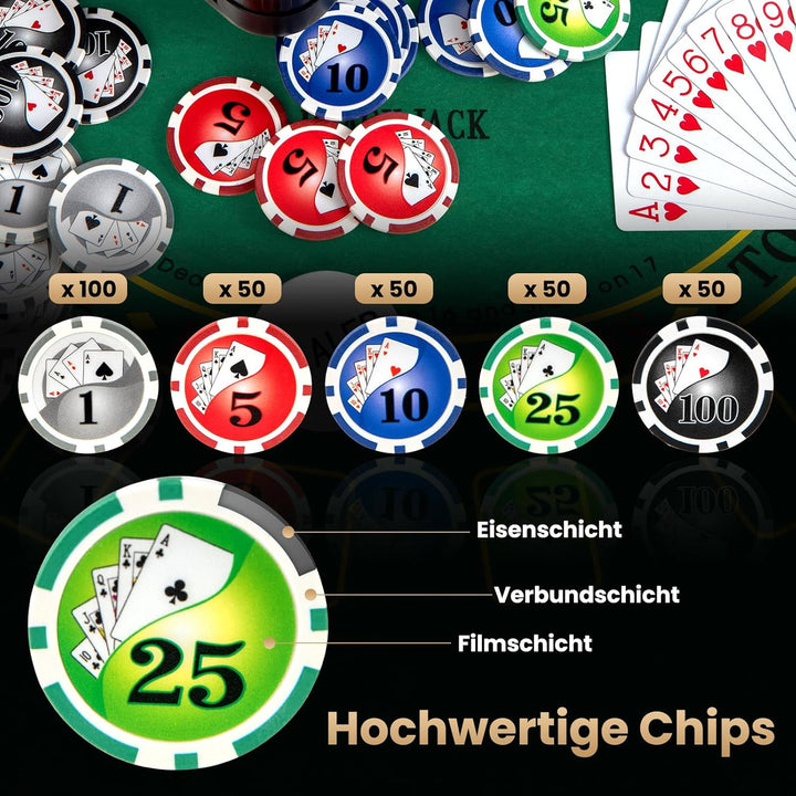 COSTWAY Pokerset mit 300 Laser-Chips, Pokerkoffer mit 2 Spielkarten, Dealer Button & 2 Schlüsseln, P